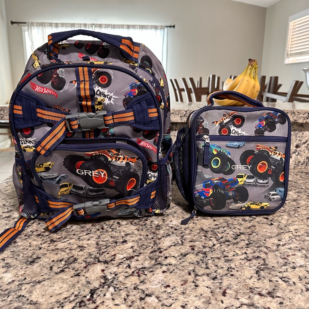Pottery Barn Backpack and Lunchbox set. Hot Wheels